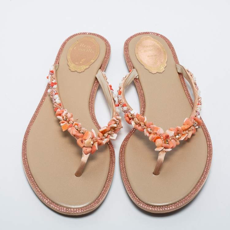 Pre Owned René Caovilla Gold/Beige Satin Embellished Thong  Sandals Size 39