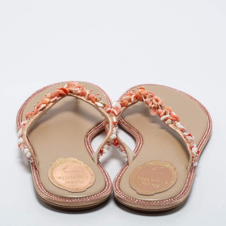 Pre Owned René Caovilla Gold/Beige Satin Embellished Thong  Sandals Size 39