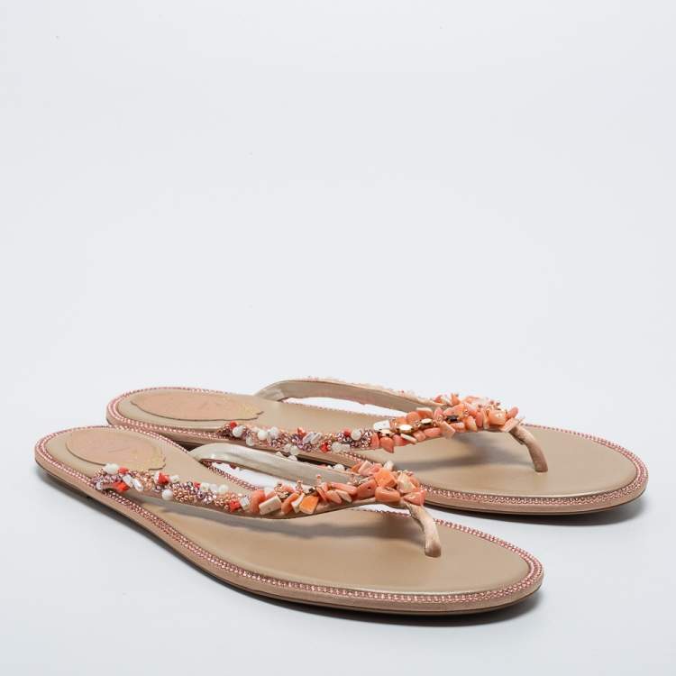Pre Owned René Caovilla Gold/Beige Satin Embellished Thong  Sandals Size 39