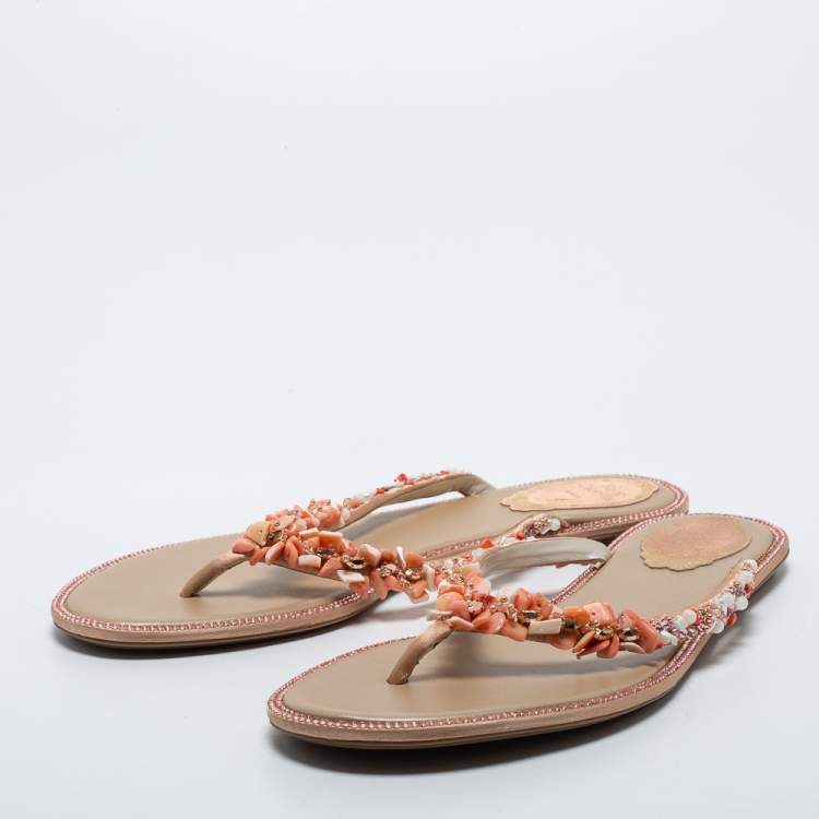 Pre Owned René Caovilla Gold/Beige Satin Embellished Thong  Sandals Size 39