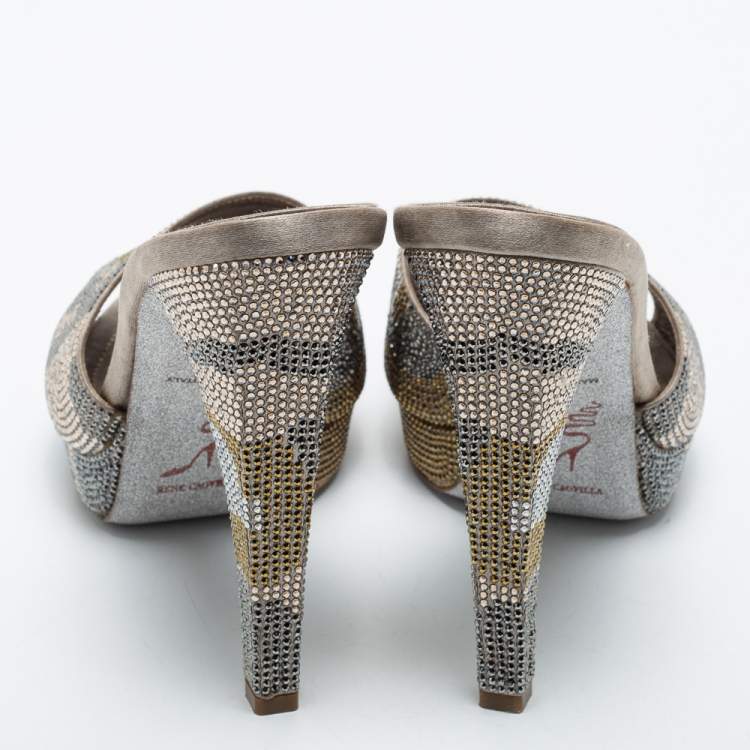 Pre Owned René Caovilla Grey Satin Crystal Embellishment Slides Size 40  