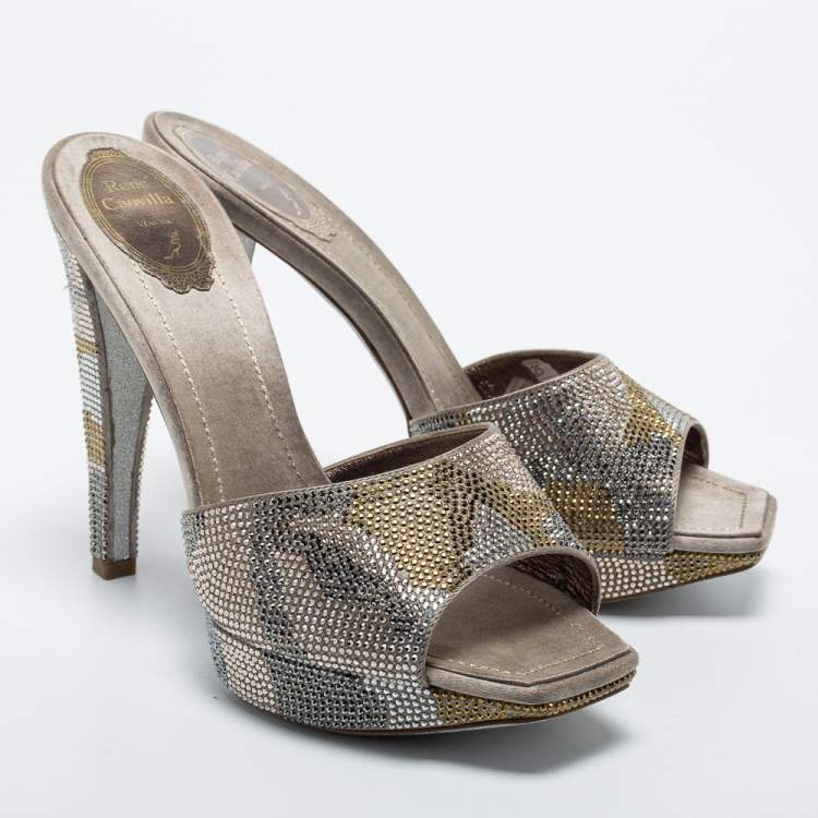 Pre Owned René Caovilla Grey Satin Crystal Embellishment Slides Size 40  