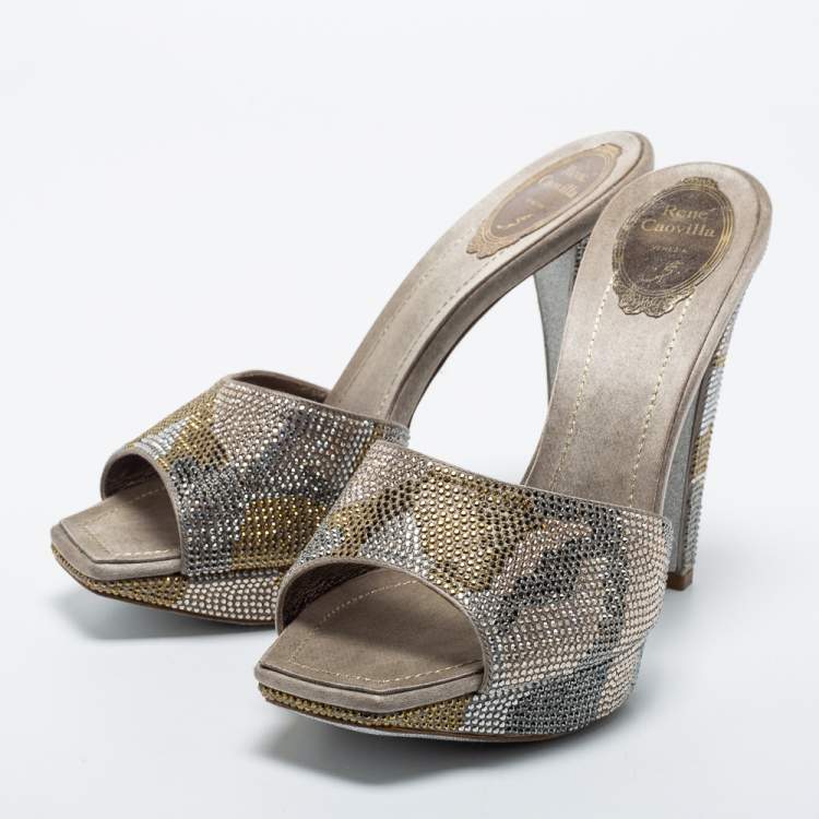 Pre Owned René Caovilla Grey Satin Crystal Embellishment Slides Size 40  
