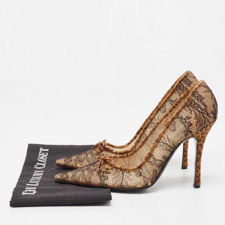 Pre Owned René Caovilla Brown/Black Lace and Calf Hair Bow Pointed Toe Pumps Size 40