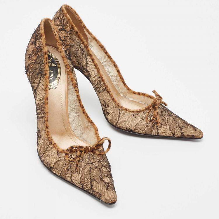 Pre Owned René Caovilla Brown/Black Lace and Calf Hair Bow Pointed Toe Pumps Size 40
