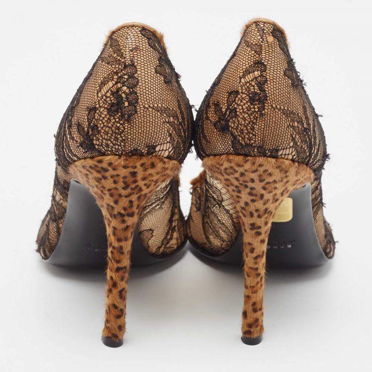 Pre Owned René Caovilla Brown/Black Lace and Calf Hair Bow Pointed Toe Pumps Size 40