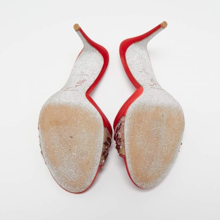Pre Owned René Caovilla Red Crystal Embellished Mesh and Satin Slide Sandals Size 41