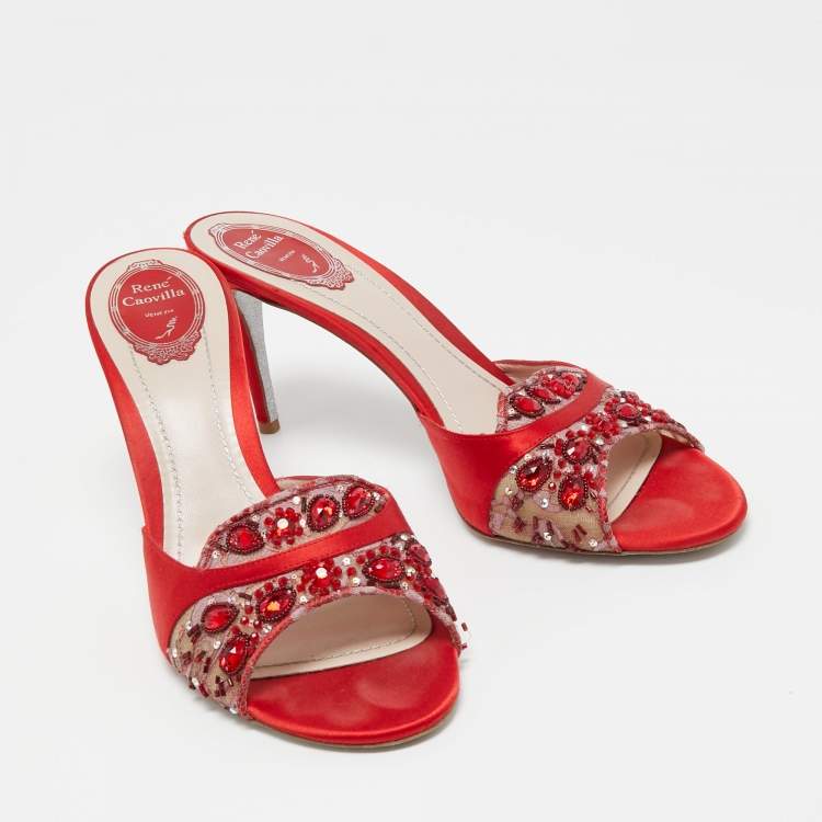 Pre Owned René Caovilla Red Crystal Embellished Mesh and Satin Slide Sandals Size 41