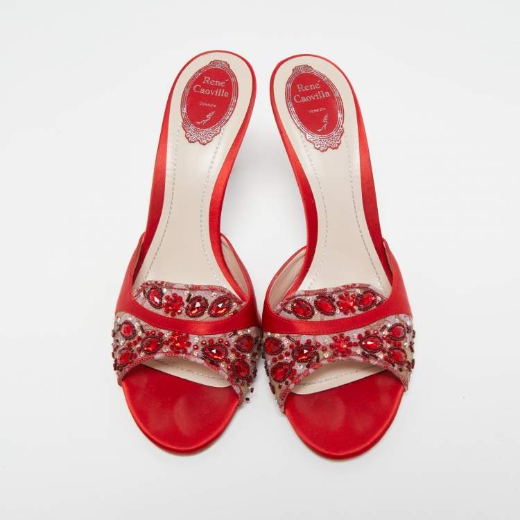 Pre Owned René Caovilla Red Crystal Embellished Mesh and Satin Slide Sandals Size 41
