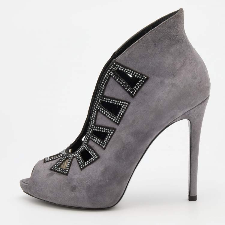 René Caovilla Grey/Black Suede Crystal Embellished Peep Toe Pumps Size ...