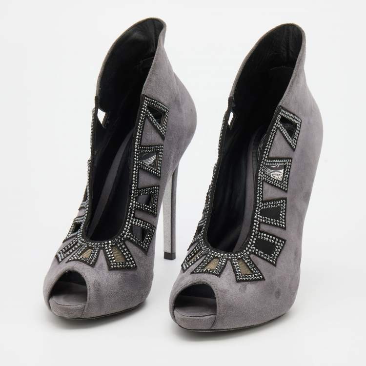 Pre Owned René Caovilla Grey/Black Suede Crystal Embellished Peep Toe Pumps Size 37