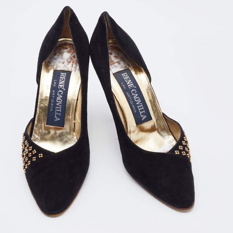 Pre Owned René Caovilla Black Suede Embellished D'Orsay Pumps Size 38