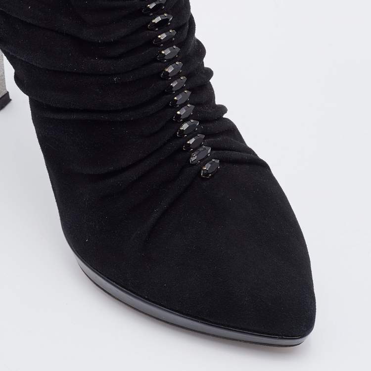 Pre Owned René Caovilla Black Suede Crystal embellished Ankle Length Boots Size 39