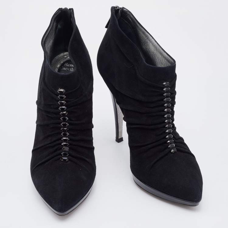 Pre Owned René Caovilla Black Suede Crystal embellished Ankle Length Boots Size 39