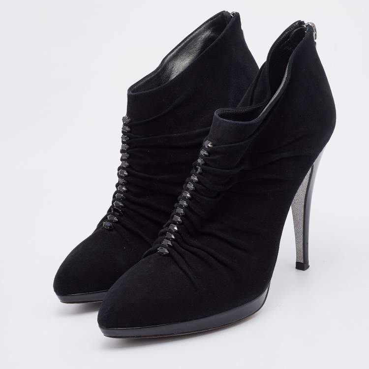 Pre Owned René Caovilla Black Suede Crystal embellished Ankle Length Boots Size 39