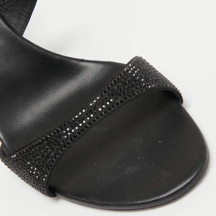 Pre Owned René Caovilla Black Satin Crystal Embellished Ankle Strap Sandals Size 40