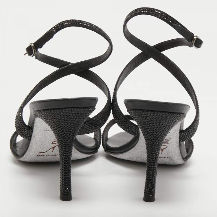 Pre Owned René Caovilla Black Satin Crystal Embellished Ankle Strap Sandals Size 40
