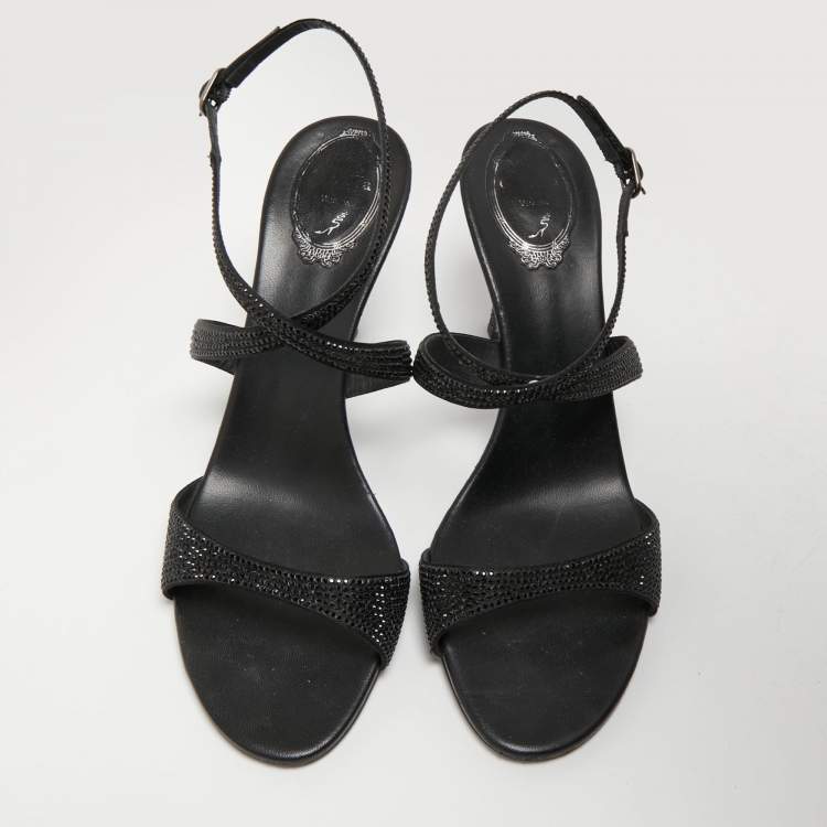 Pre Owned René Caovilla Black Satin Crystal Embellished Ankle Strap Sandals Size 40