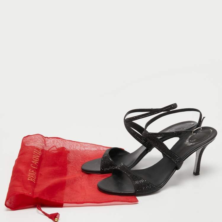 Pre Owned René Caovilla Black Satin Crystal Embellished Ankle Strap Sandals Size 40