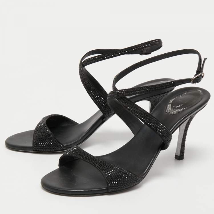 Pre Owned René Caovilla Black Satin Crystal Embellished Ankle Strap Sandals Size 40