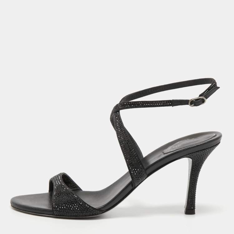 Pre Owned René Caovilla Black Satin Crystal Embellished Ankle Strap Sandals Size 40