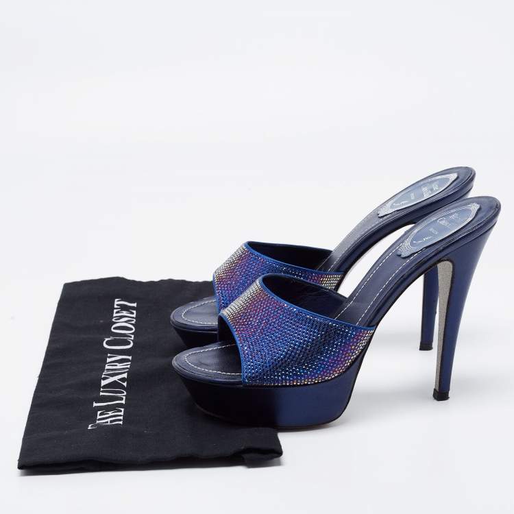 Pre Owned René Caovilla Navy Blue Satin and Leather Crystals Embellished Platform Sandals Size 38.5