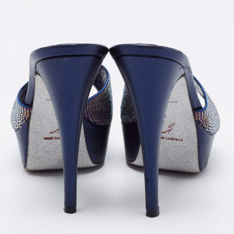 Pre Owned René Caovilla Navy Blue Satin and Leather Crystals Embellished Platform Sandals Size 38.5