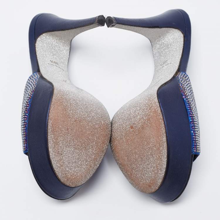 Pre Owned René Caovilla Navy Blue Satin and Leather Crystals Embellished Platform Sandals Size 38.5