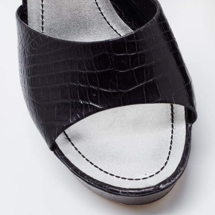 Pre Owned Rene Caovilla Black Croc Embossed Leather Platform Sandals Size 38