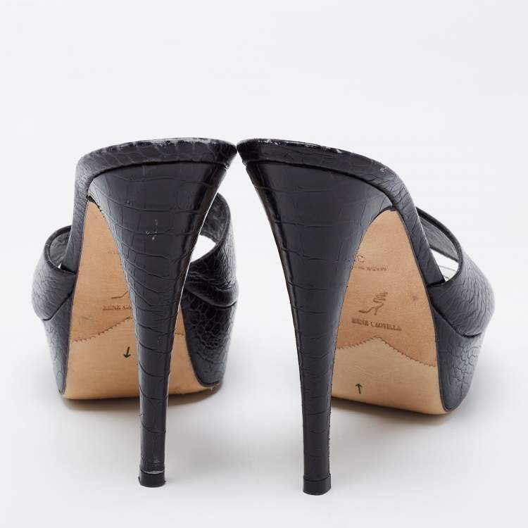 Pre Owned Rene Caovilla Black Croc Embossed Leather Platform Sandals Size 38