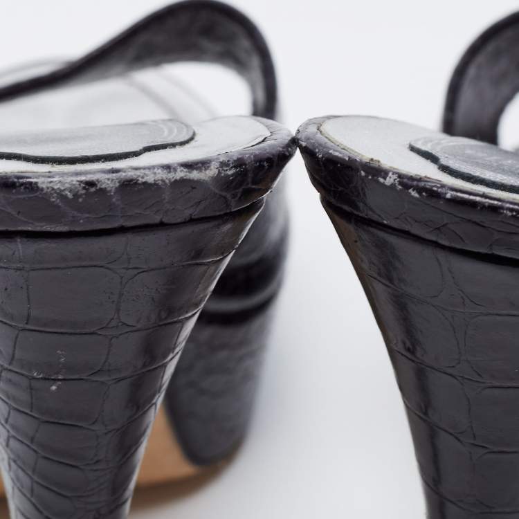 Pre Owned Rene Caovilla Black Croc Embossed Leather Platform Sandals Size 38