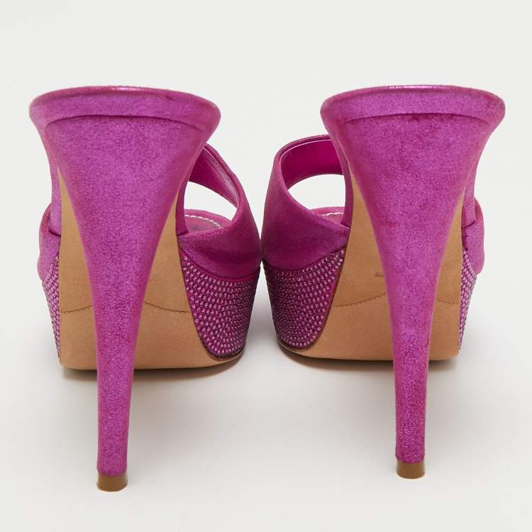 Pre Owned René Caovilla Pink Shimmer Nubuck Leather Crystals Platform Sandals Size 37