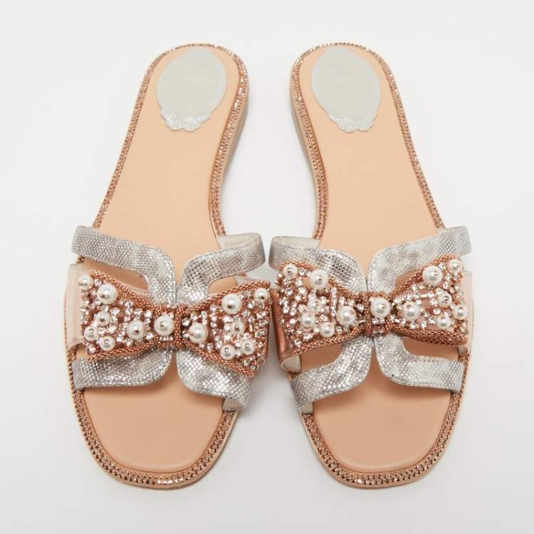 Pre Owned Rene Caovilla Metallic Leather Crystal and Pearl Embellished Bow Flat Slides Size 38