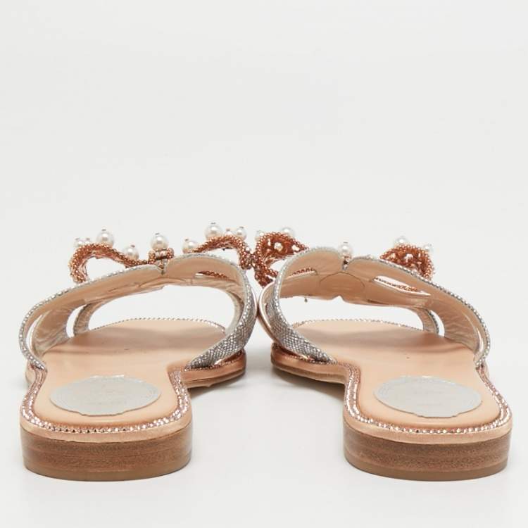 Pre Owned Rene Caovilla Metallic Leather Crystal and Pearl Embellished Bow Flat Slides Size 38