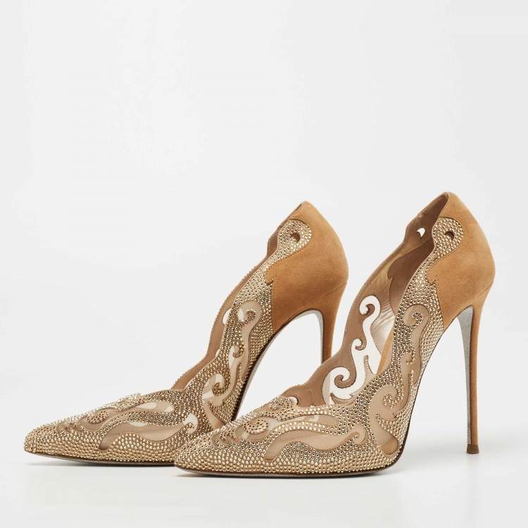 Pre Owned René Caovilla Light Brown Suede and Mesh Embellished Pumps Size 39.5