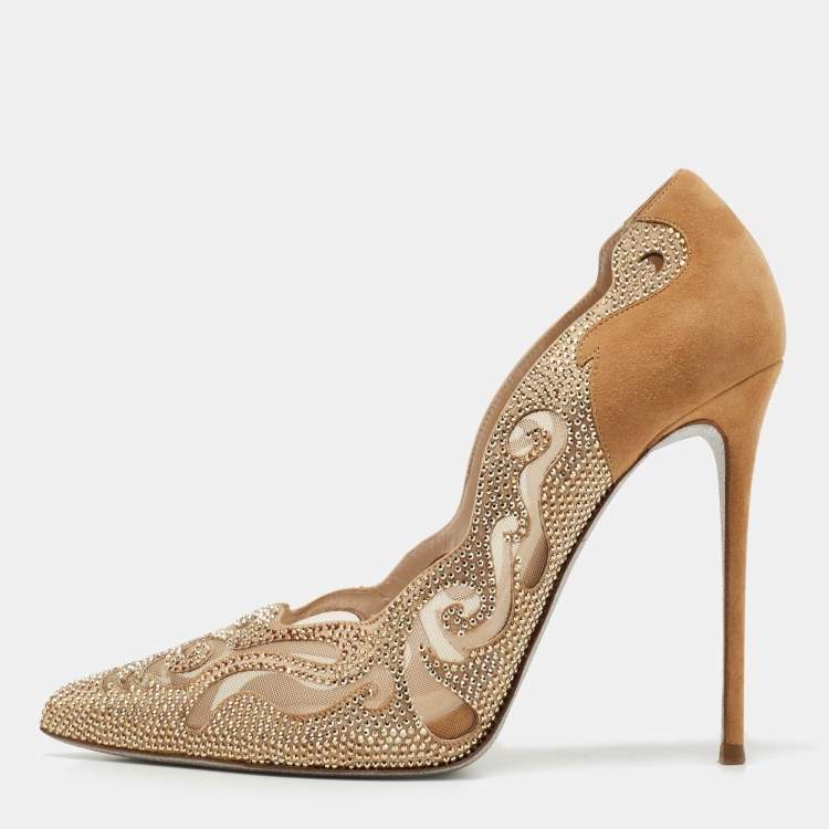 Pre Owned René Caovilla Light Brown Suede and Mesh Embellished Pumps Size 39.5