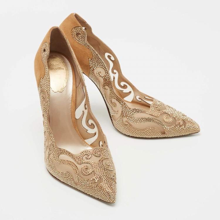 Pre Owned René Caovilla Light Brown Suede and Mesh Embellished Pumps Size 39.5