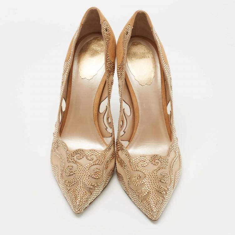 Pre Owned René Caovilla Light Brown Suede and Mesh Embellished Pumps Size 39.5