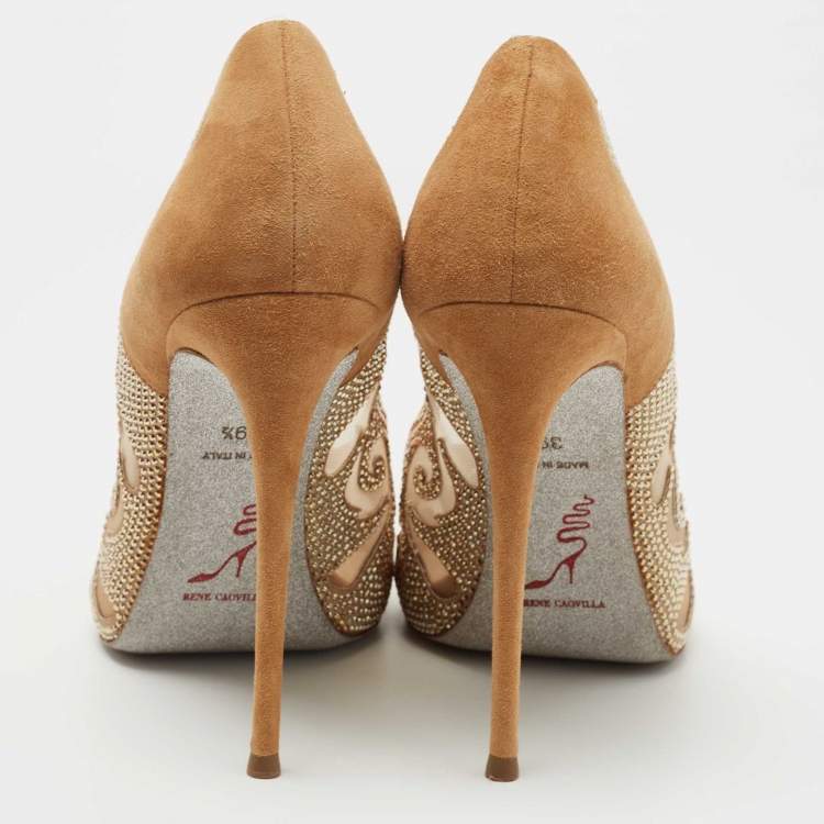 Pre Owned René Caovilla Light Brown Suede and Mesh Embellished Pumps Size 39.5