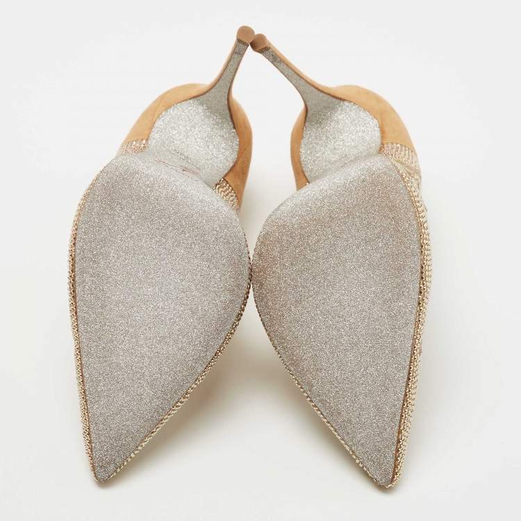 Pre Owned René Caovilla Light Brown Suede and Mesh Embellished Pumps Size 39.5