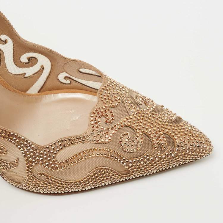 Pre Owned René Caovilla Light Brown Suede and Mesh Embellished Pumps Size 39.5