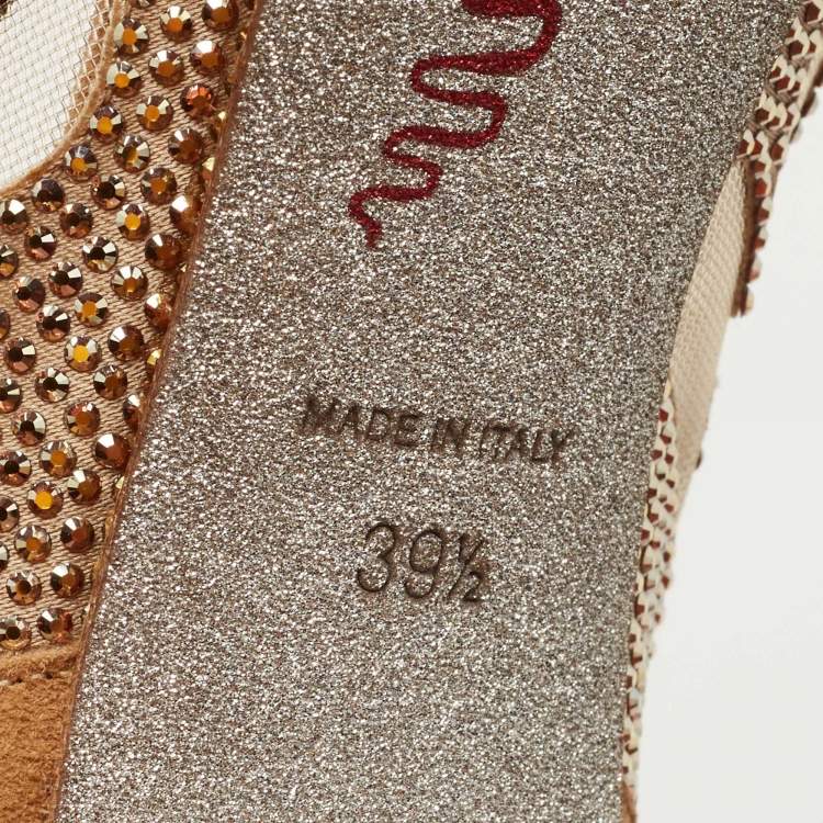 Pre Owned René Caovilla Light Brown Suede and Mesh Embellished Pumps Size 39.5