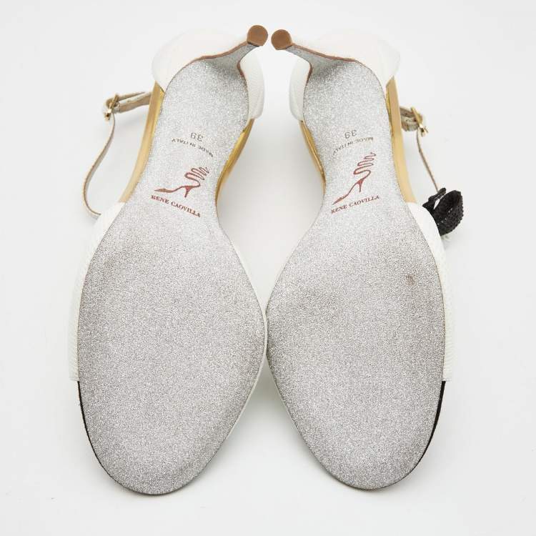 Pre Owned René Caovilla White/Black Lizard Embossed Leather Bow Crystals T Strap Pumps Size 39 