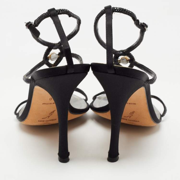 Pre Owned Rene Caovilla Black Satin Embellished Ankle Strap Sandals Size 40