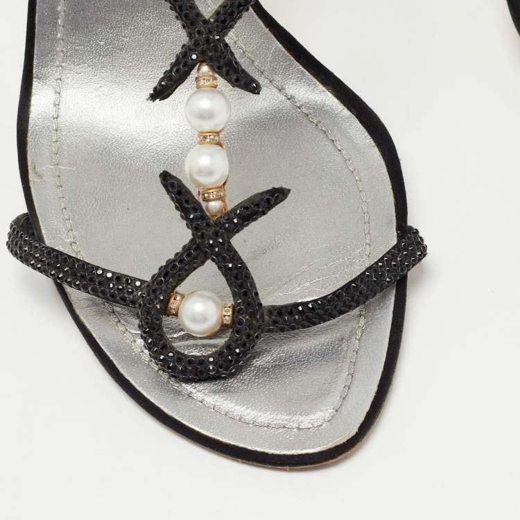 Pre Owned Rene Caovilla Black Satin Embellished Ankle Strap Sandals Size 40