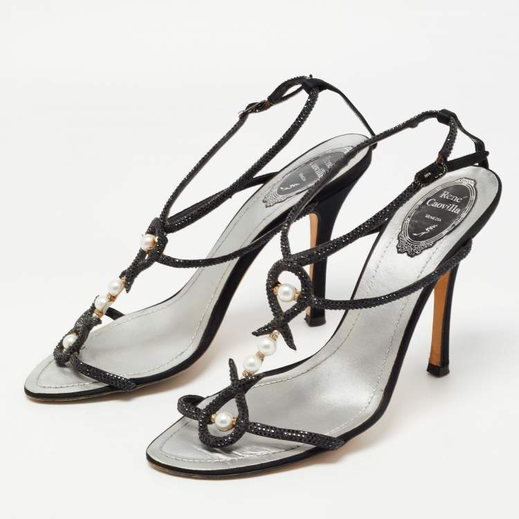 Pre Owned Rene Caovilla Black Satin Embellished Ankle Strap Sandals Size 40
