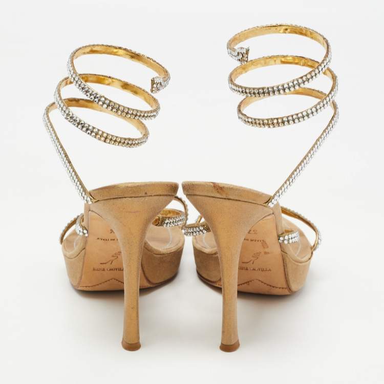 مملوكة مسبقًا René Caovilla Gold Crystal Embellished Fabric Cleo Platform Sandals Size 37.5