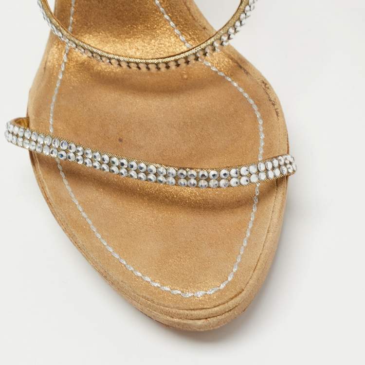 مملوكة مسبقًا René Caovilla Gold Crystal Embellished Fabric Cleo Platform Sandals Size 37.5