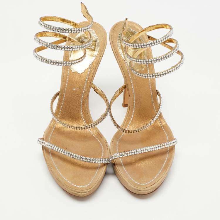 مملوكة مسبقًا René Caovilla Gold Crystal Embellished Fabric Cleo Platform Sandals Size 37.5