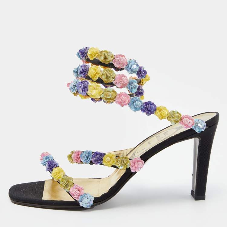 Pre Owned René Caovilla Multicolor Floral Sequins Embellished Ankle Coil Sandals Size 38.5
